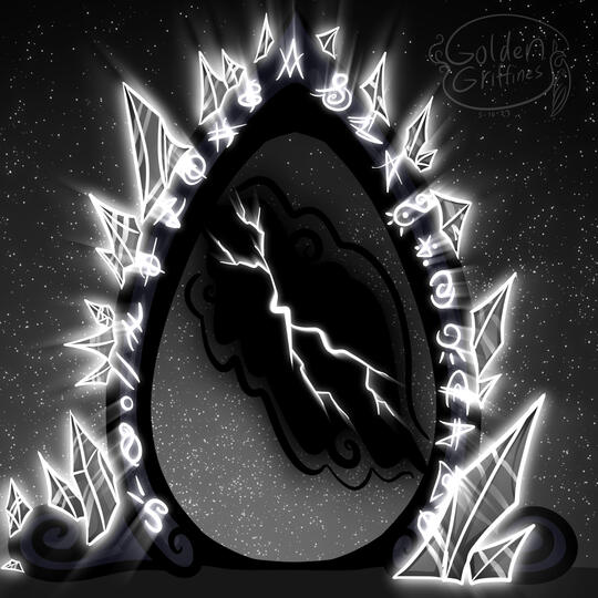 Greyscale view of an egg shaped portal with various rules and crystals around it, looking like its cracking in the center.