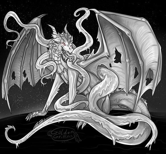 Full view of the dragon now out of the portal, white on a dark background, slimy all over and tentacles and tail circling around. Definitely does not have good intentions. You should probably get the F outta there.