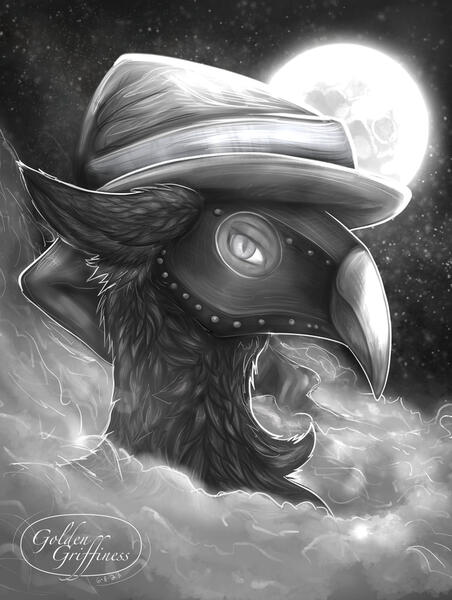 greyscale bust portrait of a crow wearing a hat and plague doctor mask with fog in front, and a starry sky with a full moon.