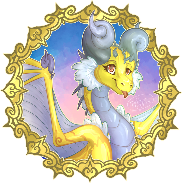 Yellow dragon with white fluff and grey spiral horns, "bleping" (tongue out)