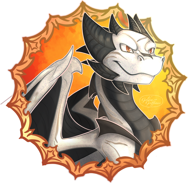 White and black dragon looking determined.Ornage to yellow background gradient.