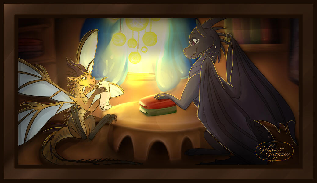 A small dragon-fly like dragon, yellow with brown edges, holding a scroll at a table, with a larger black dragon with a paw on some books looking at the small one.